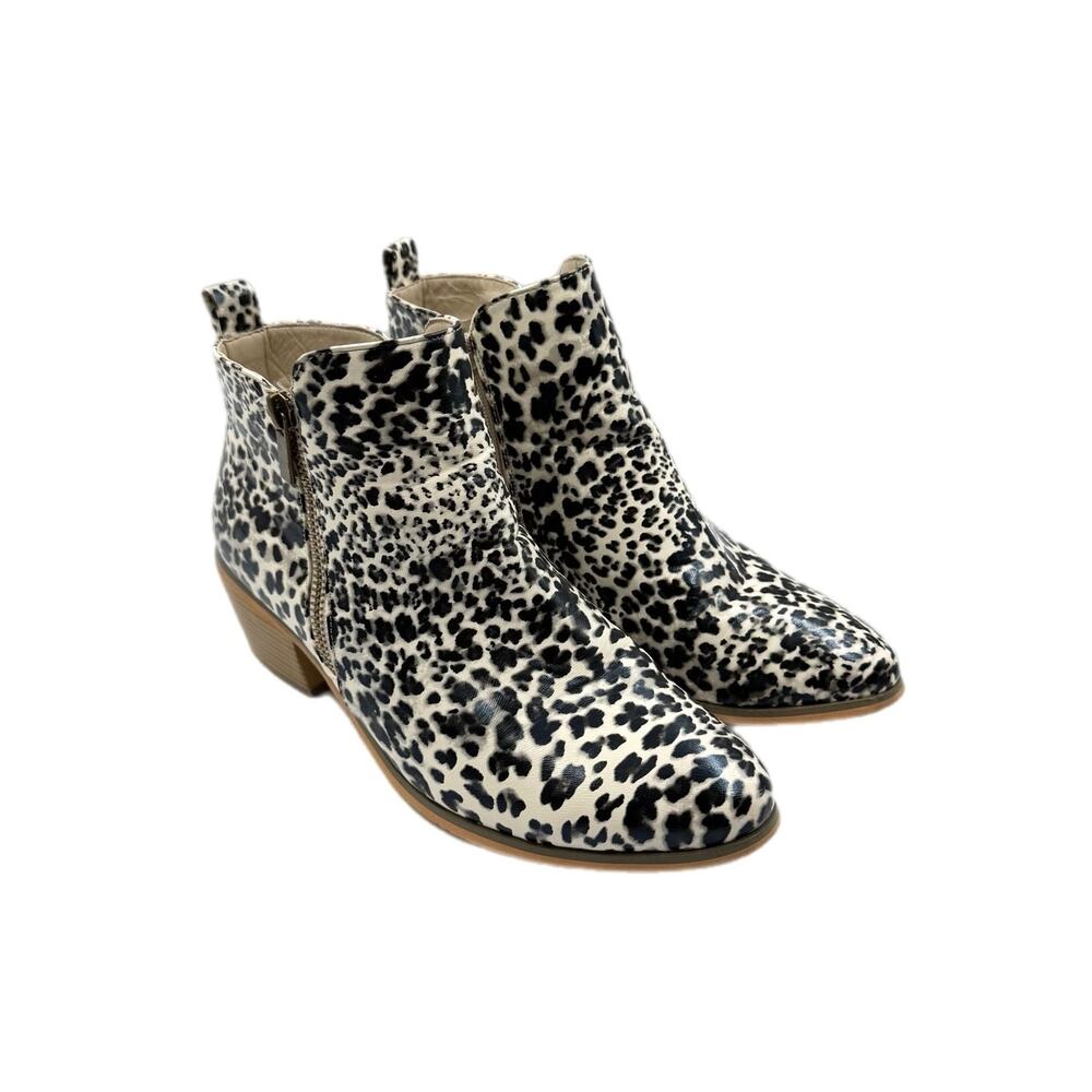 Journee Collection Rebel Leopard Black White & Gray Side Zip Block Heel Booties